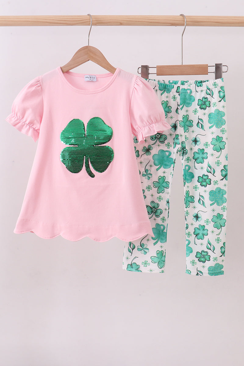 Pink clover glitter pants set