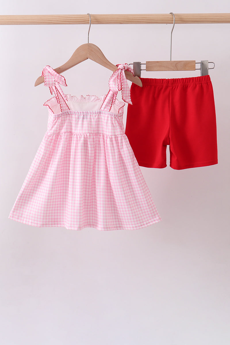 Pink watermelon embroidery shorts set