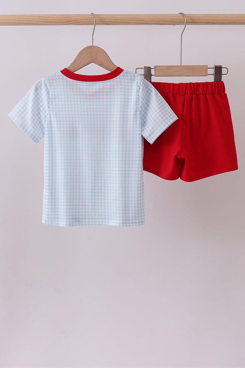 Blue watermelon embroidery shorts set