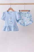 Blue bunny applique ruffle shorts set