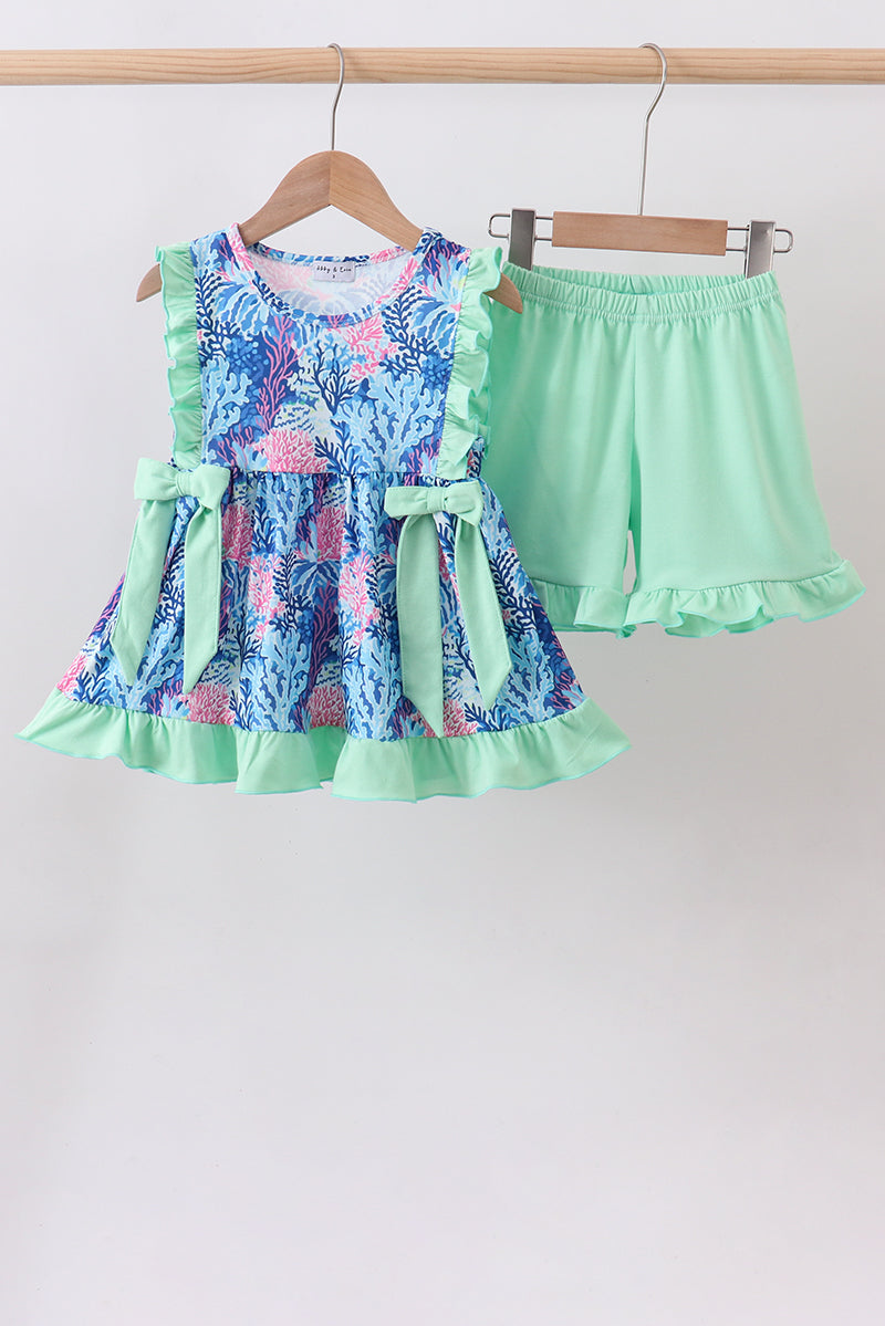 Blue marine creature print ruffle shorts set