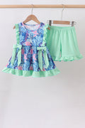 Blue marine creature print ruffle shorts set