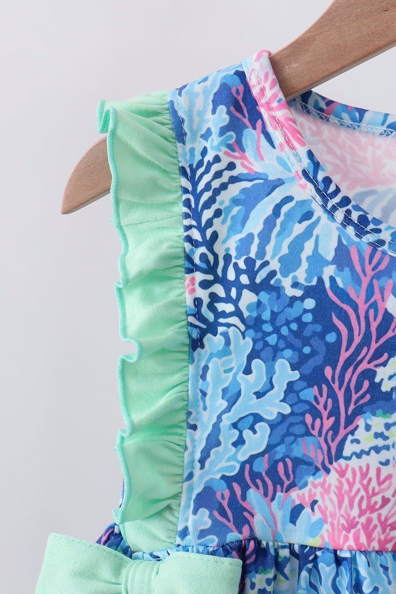 Blue marine creature print ruffle shorts set