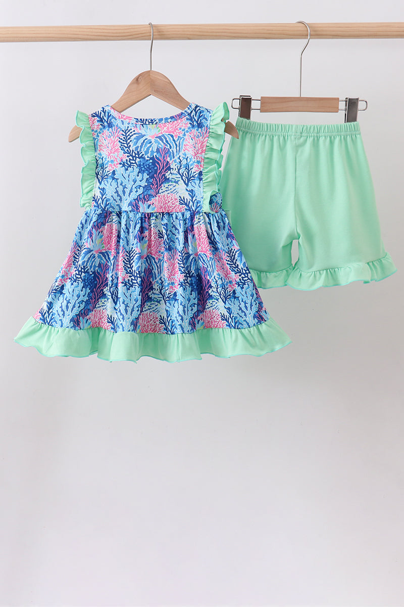 Blue marine creature print ruffle shorts set