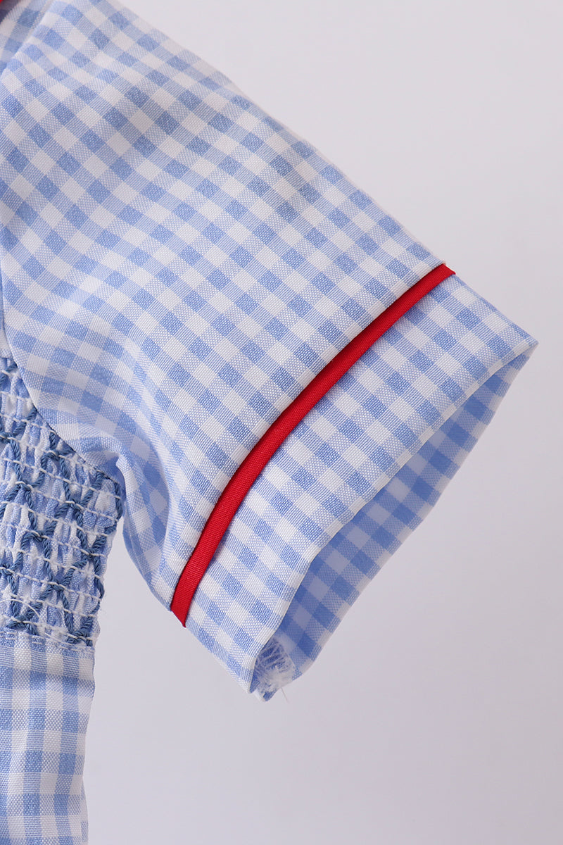 Blue flag smocked peter pan collar gingham bubble