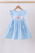 Blue flag smocked jacquard ruffle dress