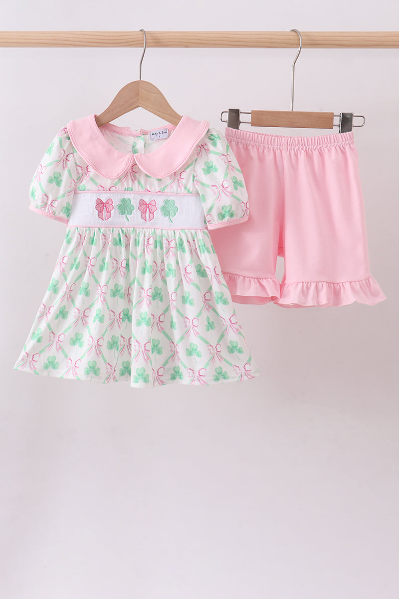 Pink clover bow embroidery shorts set