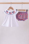 White flag smocked ruffle gingham bloomer set