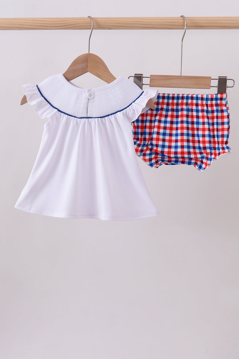 White flag smocked ruffle gingham bloomer set