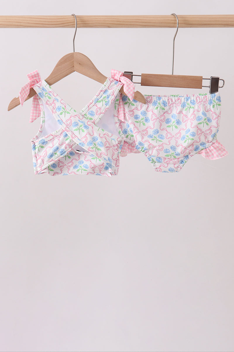 Pink hydrangea bow print 2pc swimsuit