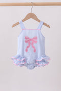 Blue bow embroidery seersucker ruffle swimsuit