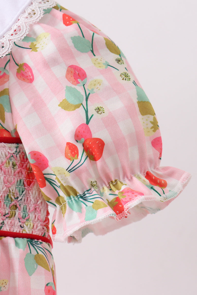 Pink strawberry smocked bubble