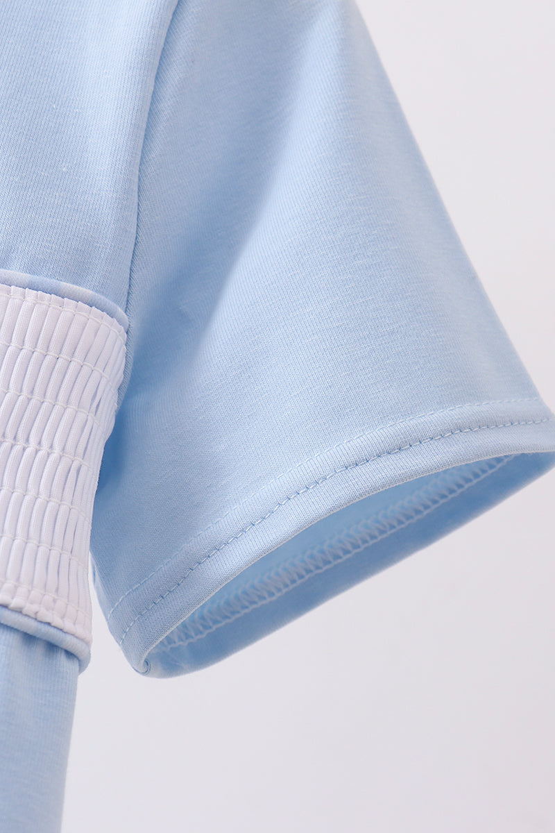 Blue tool smocked top